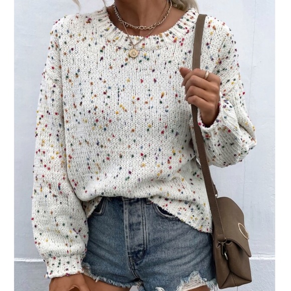 Sweaters - PREORDER Colorful Confetti Textured Popcorn Drop Shoulder Knit Casual Long